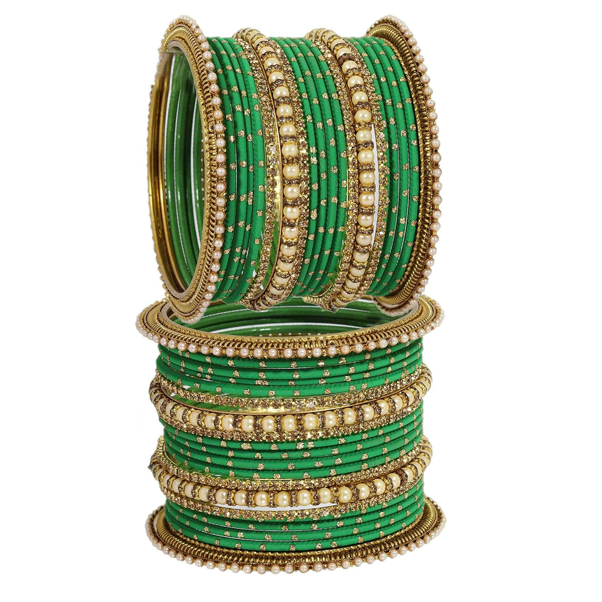 NMII Non-Precious Metal with Base Metal and Studded with Zircon Gemstone or Pearls Glossy Finished Traditional Bangle set for Women and Girls
