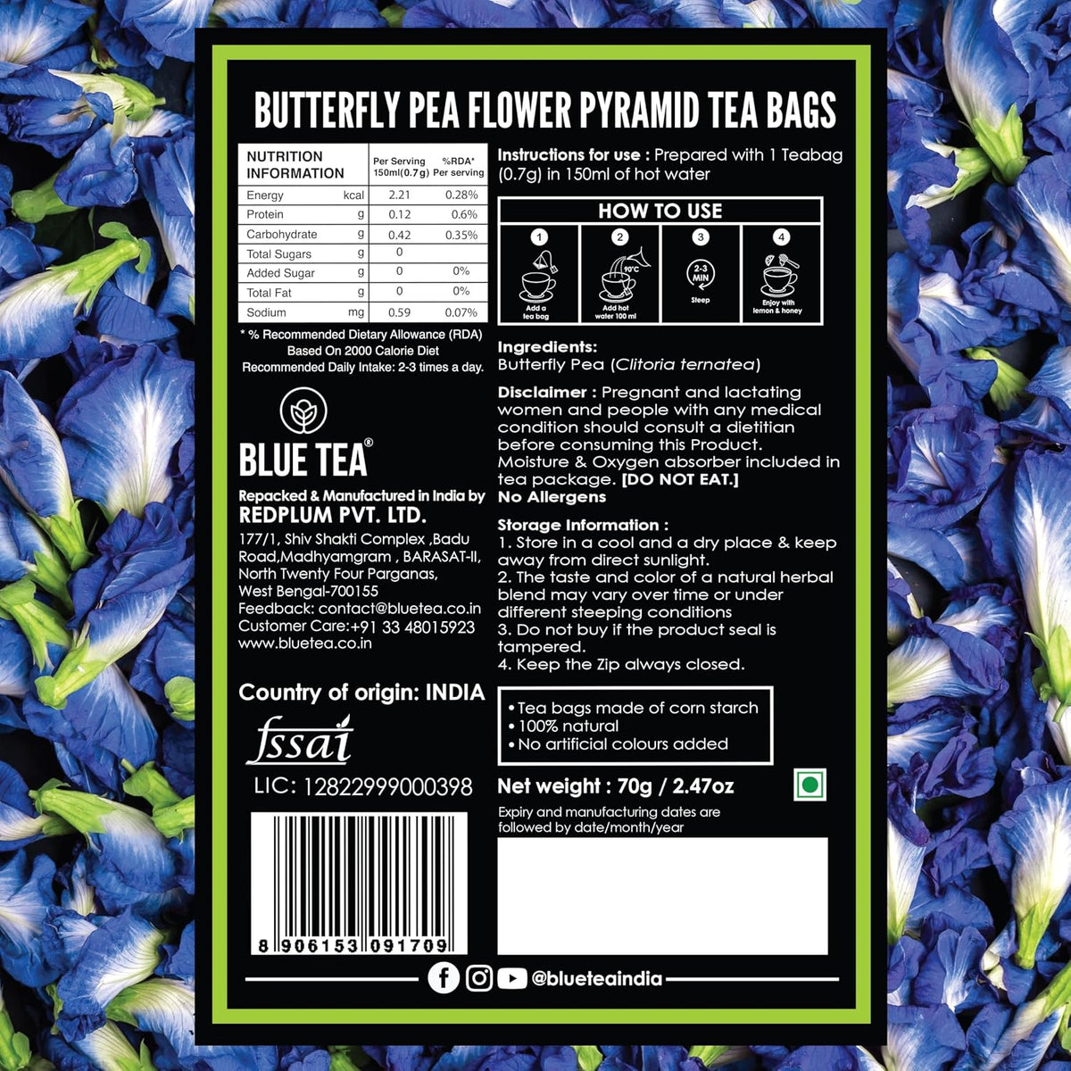 BLUE TEA - Butterfly Pea Flower Tea - 100 Tea Bags - Plant Based | ANTIOXIDANT RICH | Aparajita - Shankhpushpi | Caffeine Free - Detox - Flower Based - Herbal Tea | Ziplock