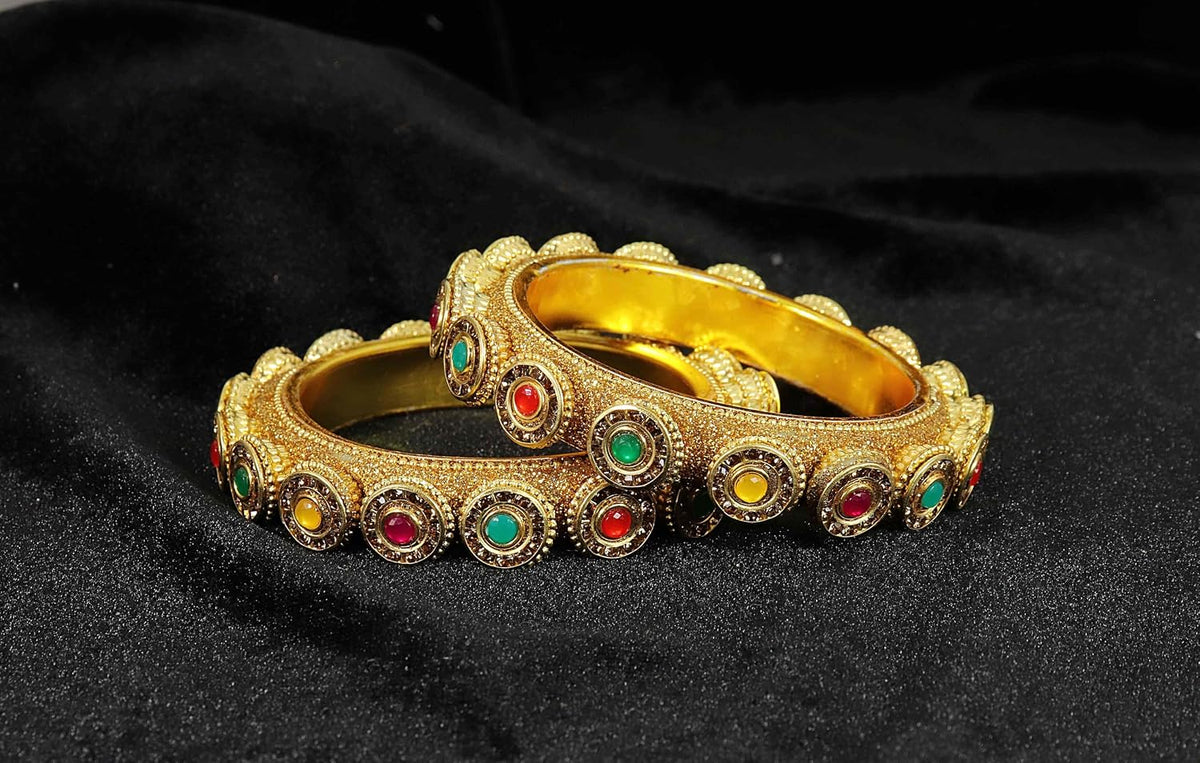 NMII Metal with Golden Zircon Stone & Beads Work Traditional Rajwadi Style Kada Bangles Set For Women & Girls | Gold Plated Bangles | Stylish Kangan | Bangles Set Wedding, Party, Occasion- Set of 2