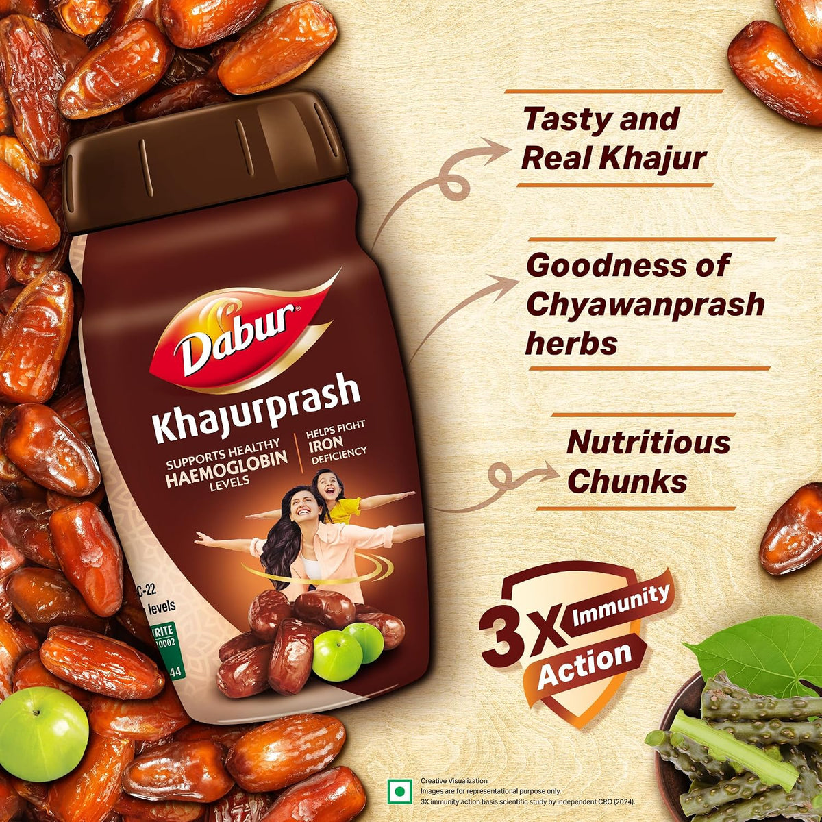 Dabur Khajurprash - 900g | 3X Immunity Action | Supports Healthy Haemoglobin Levels | Helps Fight Iron Deficiency | 40+ Chyawanprash Herbs | Natural Source of Iron | Goodness of Khajur & Giloy