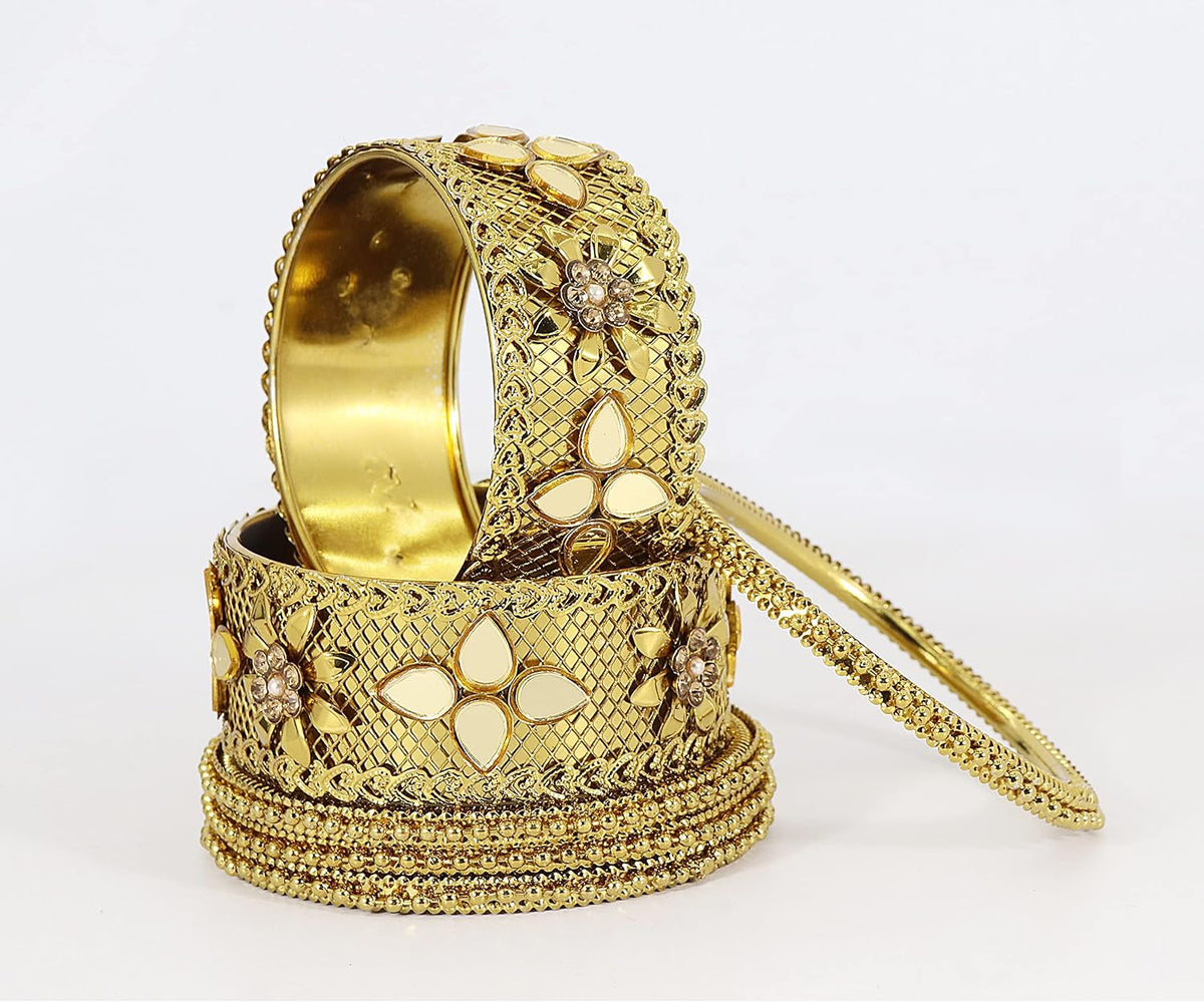 NMII Non-Precious Metal Studded with Mirror or Zircon Gemstone and Linked with Ball Chain Glossy Finished Heart Shaped Kada Bangle Set For Women and Girls