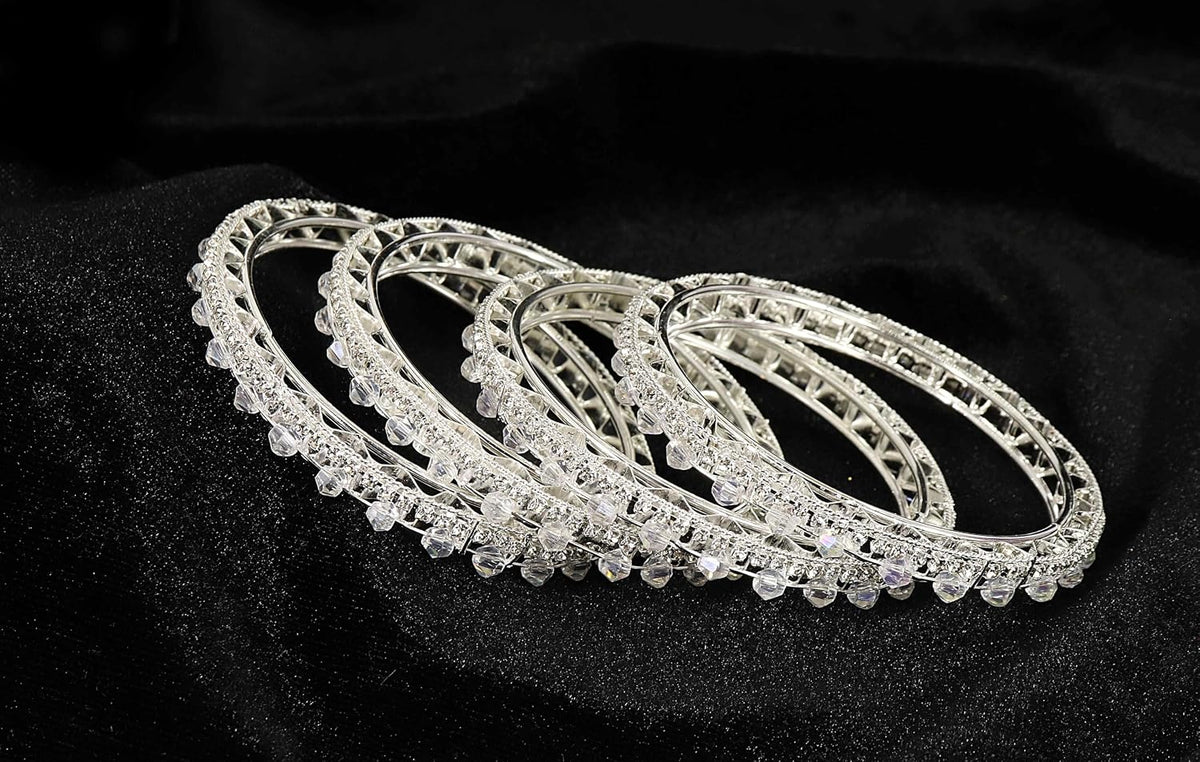 NMII Stylish Metal with Zircon Stone Work & Pearls Bangles Set For Women & Girls | Fancy Metal Bangles Set | Diamond Bangles | Traditional Women's Bangles For Wedding, Party, Occasion- Set of 4