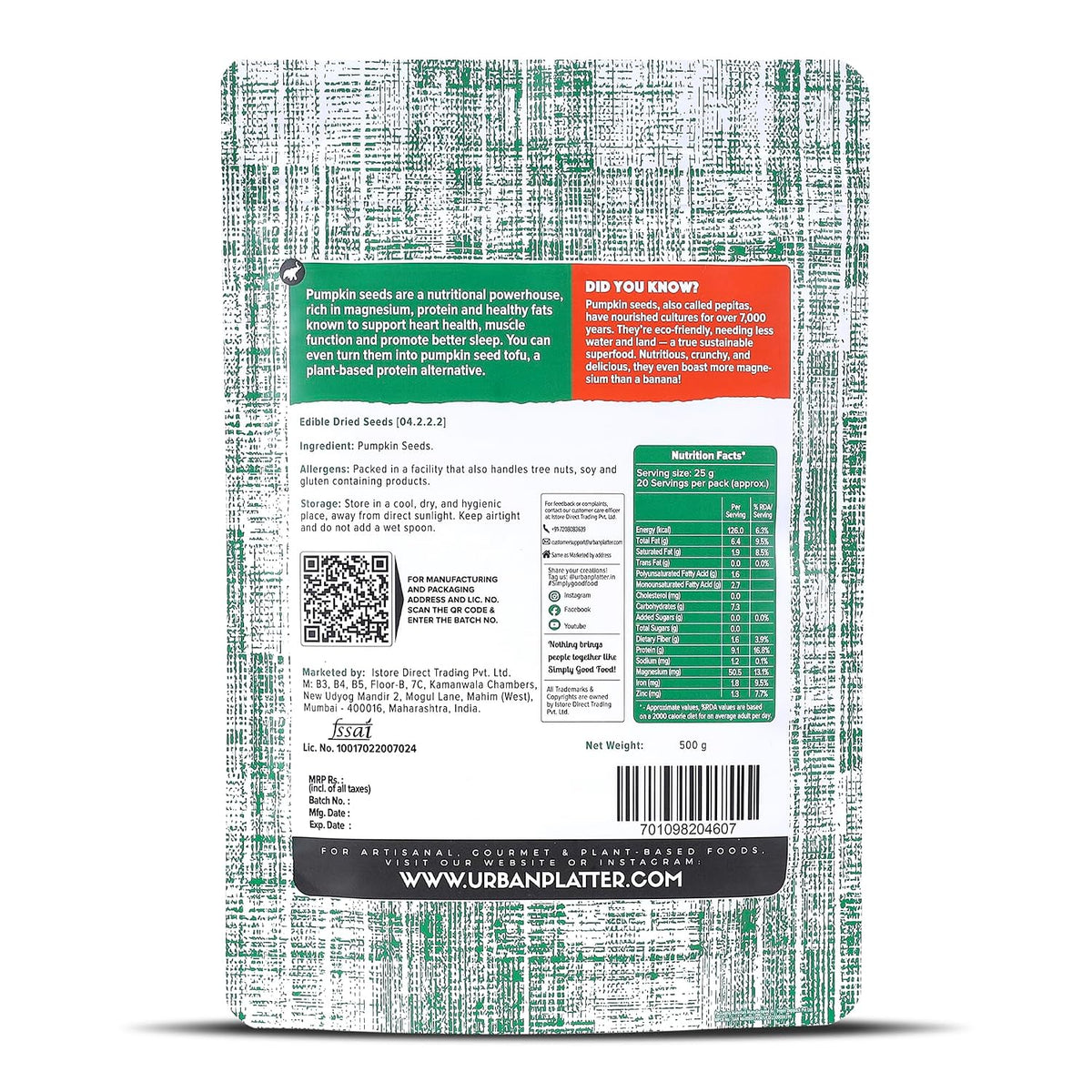 Urban Platter Pumpkin Seeds, 500g (Pepitas, Naturally Rich in Protein & Healthy Fats, Snack, Sprinkle & Bake)