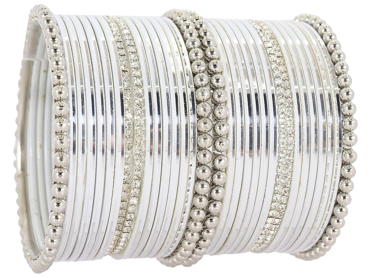 NMII Non-Precious Metal Base Metal Studded with Zircon Gemstone and Ball Chain Linked Glossy Finished Bangle Set For Women and Girls