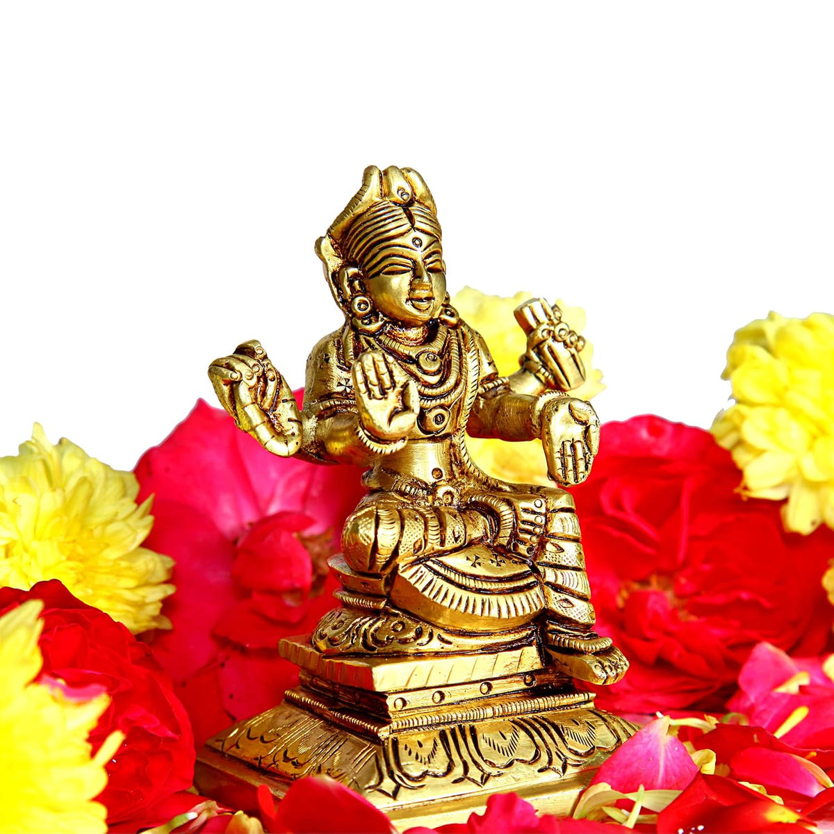Aalayam Selveer Balambigai Statue Small | Bala Tripura Sundari Idol Square Base | Balambika Idol Brass 9cm Height Brass Gold Colour 1 Piece