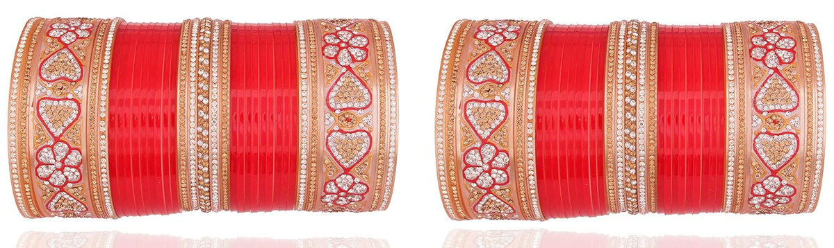 NMII Traditional Acrylic Bangles Red Chuda Set For Bridal Women & Girls with Zircon Gemstone & Beads | Wedding Chuda For Women Latest | Red Bangles Chooda | Diamond Chuda Set Party, Festive