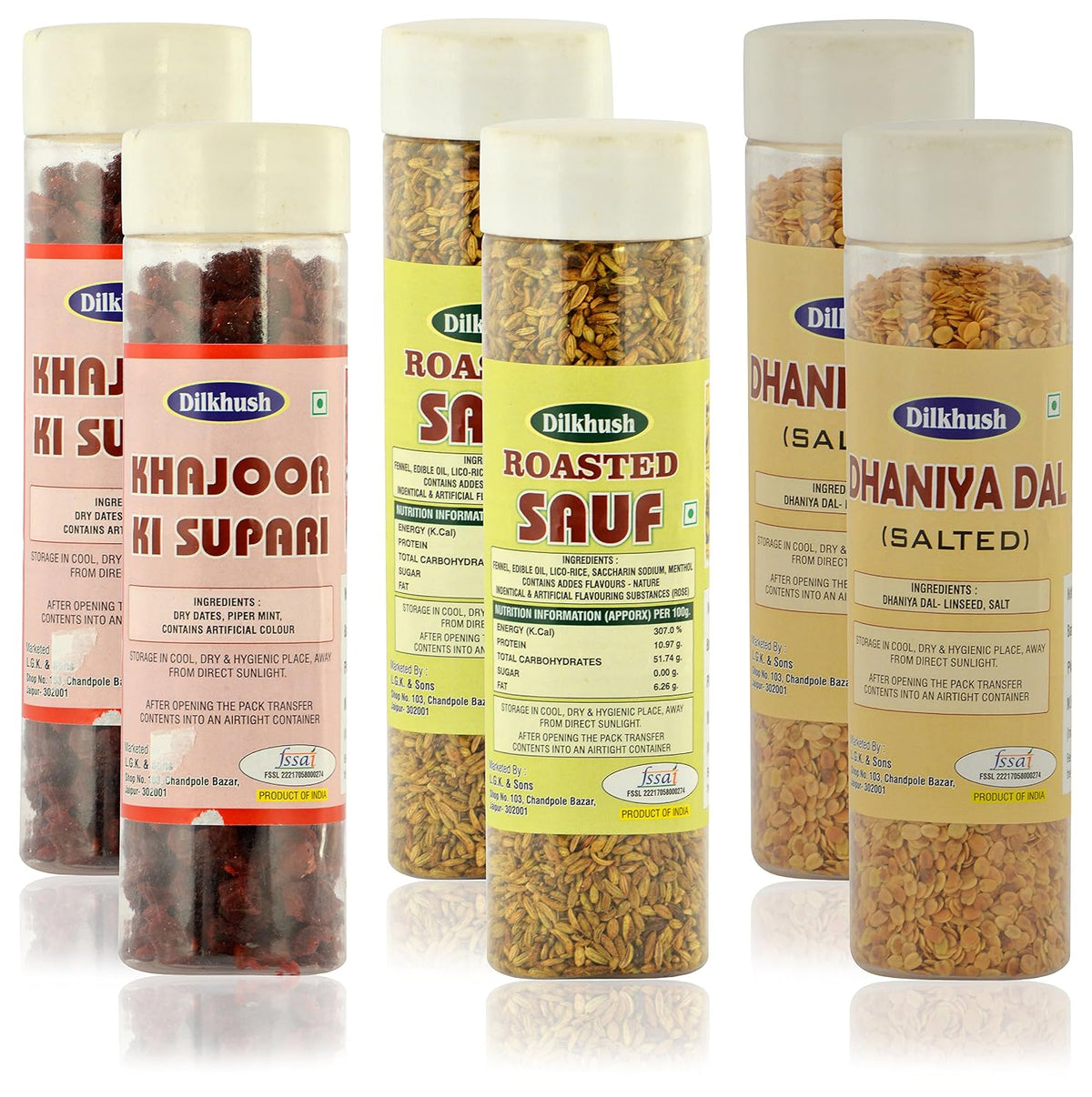 Dilkhush Khajoor Ki Supari and Roasted Sauf and Dhaniya Dal, 800 g (Combo of 6)