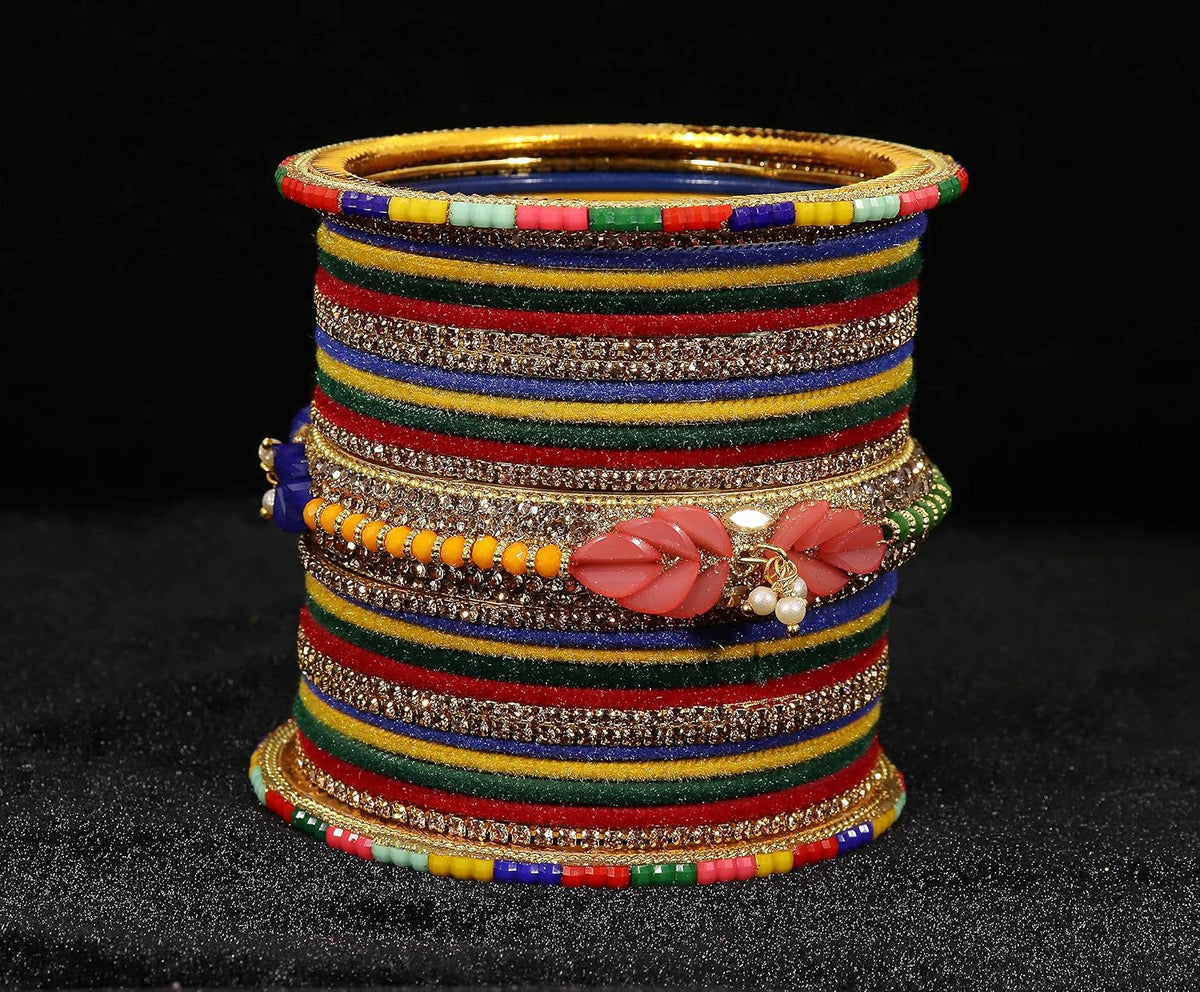 NMII Metal With Zircon Gemstone and Beads Studded Velvet Bangles For Women and Girls