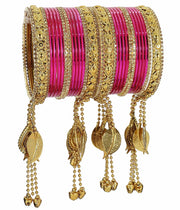 NMII Non-Precious Metal Base Metal with Zircon Gemstone and Linked with Ball Chain Glossy Finished Ghungroo Latkan Kaleere Type Bangle Set For Women and Girls