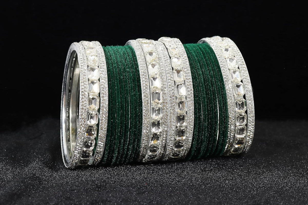 NMII Metal Bangles Set For Women and Girls Studded With Zircon Gemstone and Velvet Bangles I Chuda Bangles I Stylish Bangles Bracelet Set I Metal Bangles (Pack of 28)