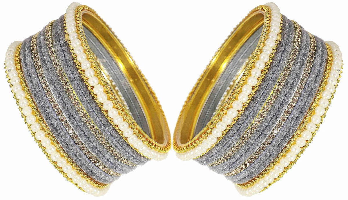 NMII Metal with Zircon Gemstone and Pearls Studded Velvet Bangle Set for Women and Girls