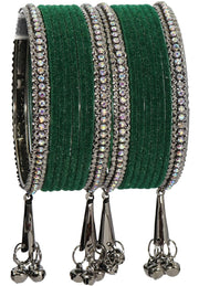 NMII Metal with Zircon Gemstone and Velvet Adorned Bells Latkan Bangles Set For Girls and Women