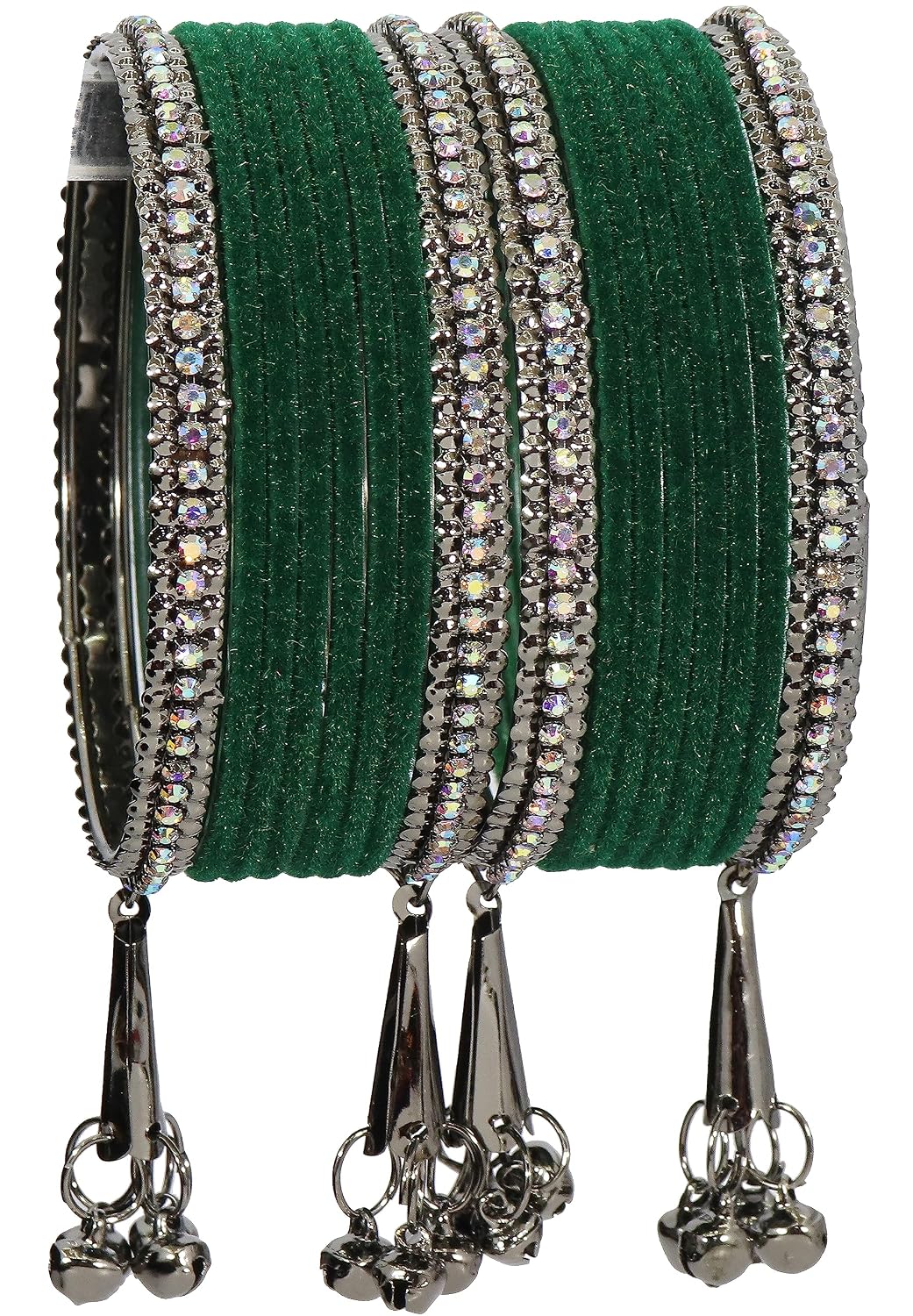 NMII Metal with Zircon Gemstone and Velvet Adorned Bells Latkan Bangles Set For Girls and Women