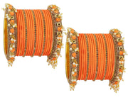 NMII Metal with Base Metal and Studded with Zircon Gemstone and Pearl linked Latkan Pattern Chuda set for Women/Girls