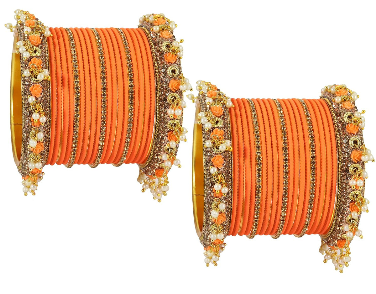 NMII Metal with Base Metal and Studded with Zircon Gemstone and Pearl linked Latkan Pattern Chuda set for Women/Girls