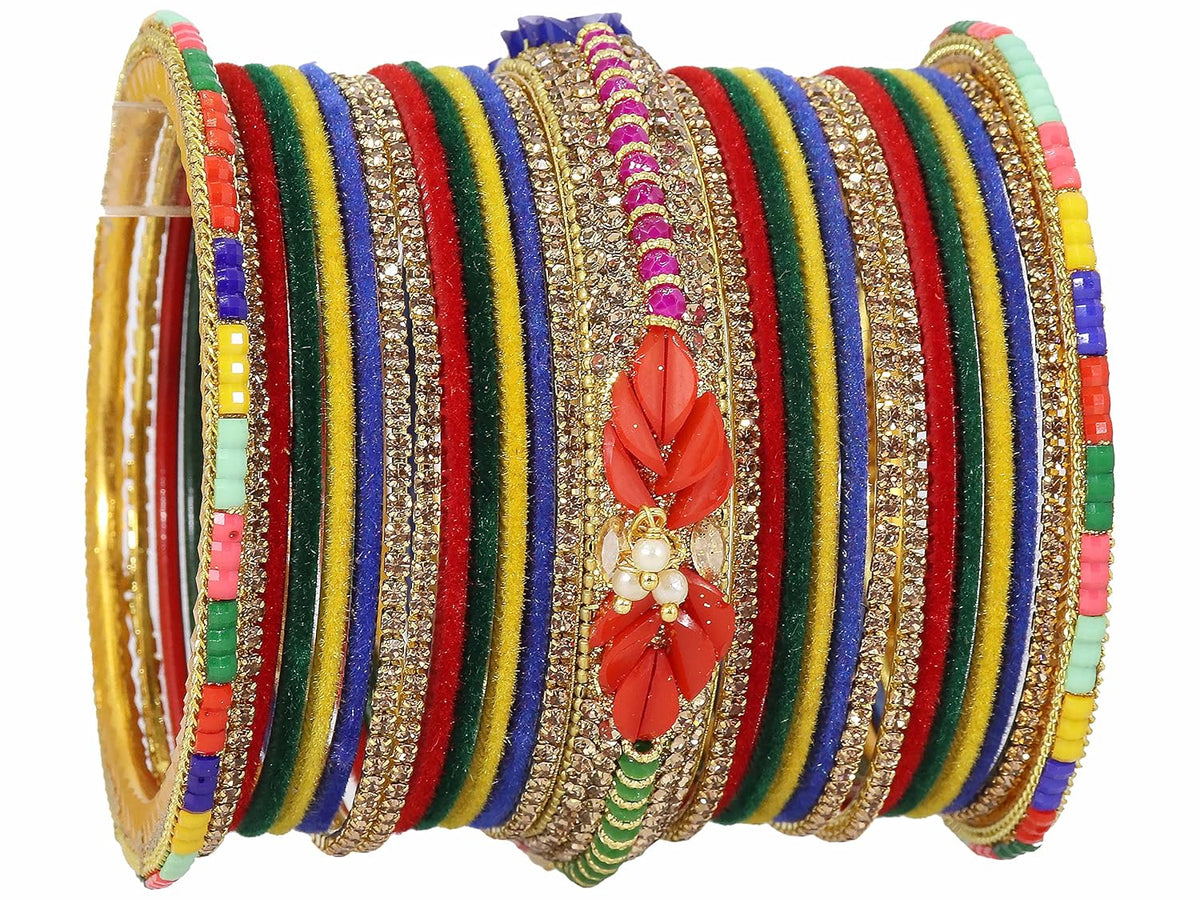 NMII Metal With Zircon Gemstone and Beads Studded Velvet Bangles For Women and Girls