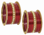 NMII Non-Precious Metal Base Metal Studded with Pearl or Zircon Gemstone and Linked with Ball Chain Glossy Finished Bangle Set For Women and Girls