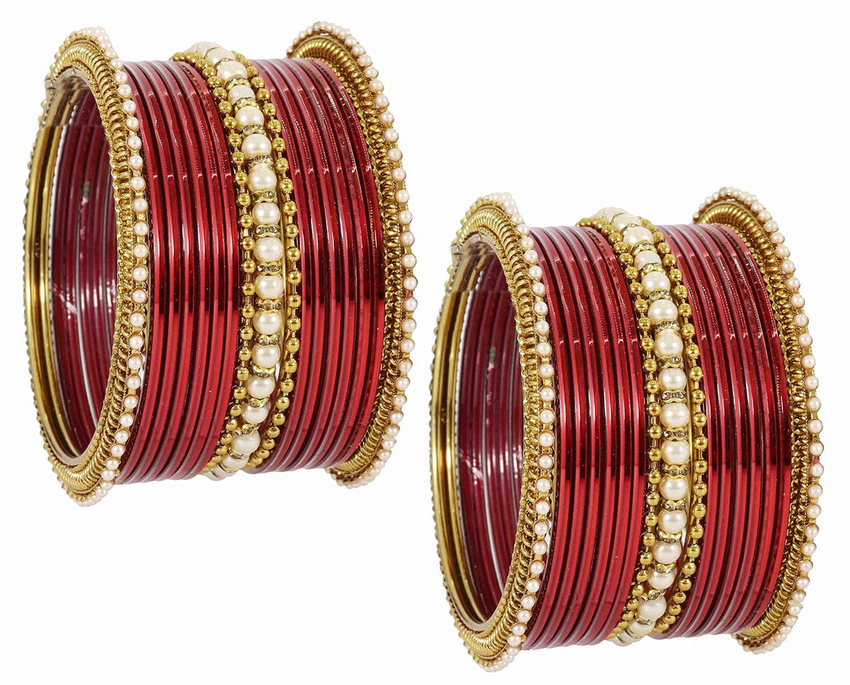 NMII Non-Precious Metal Base Metal Studded with Pearl or Zircon Gemstone and Linked with Ball Chain Glossy Finished Bangle Set For Women and Girls