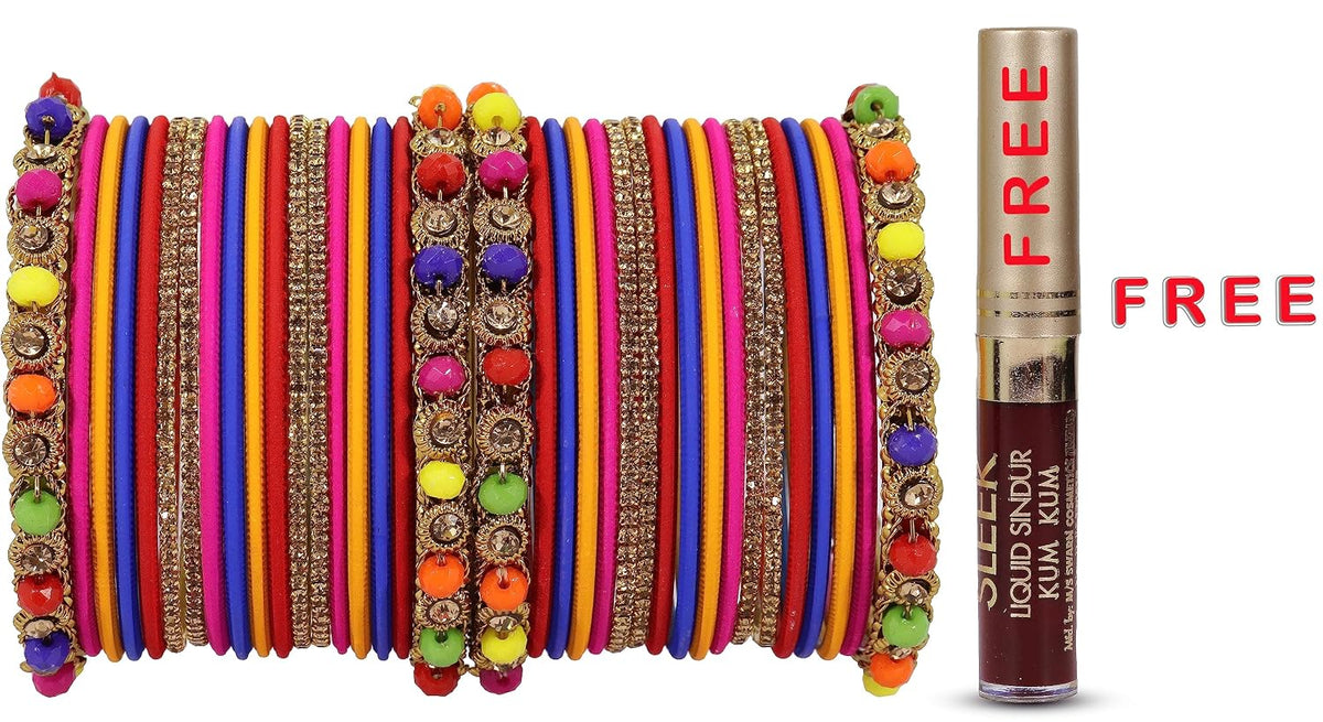 NMII Metal with Zircon Gemstone and Pearls Adorned Bangles Set For Girls and Women I Traditional Bangles Set, Bangle Bracelet Set I Pack of 36 Bangles