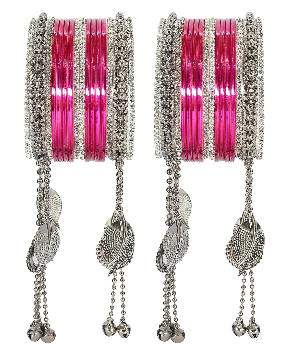 NMII Oxidized Metal Base Metal with Zircon Gemstone and Linked with Ball Chain Glossy Finished Ghungroo Latkan Kaleere Type Bangle Set For Women and Girls