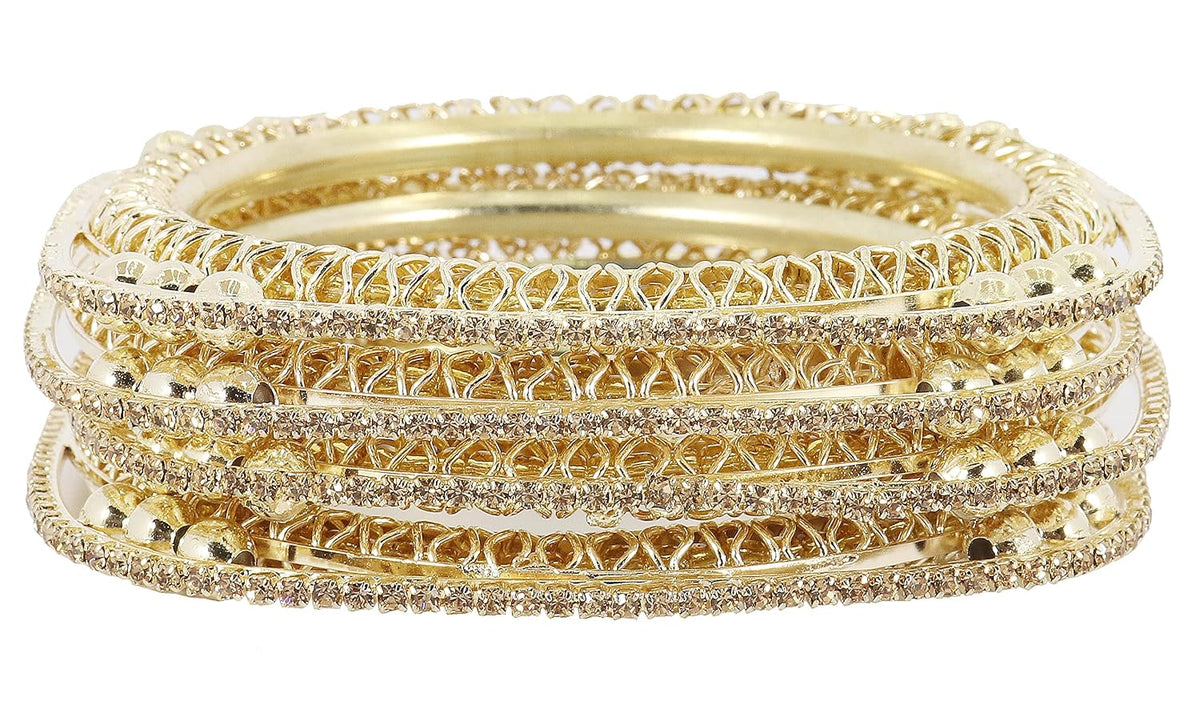 NMII Traditional Golden Metal with Zircon Stone & Pearls Moti Beads Work Kada Bangles Set For Women & Girls | Designer Women's Bangles Latest | Metal Bangles | Bridal Wedding Bangles-Set of 4