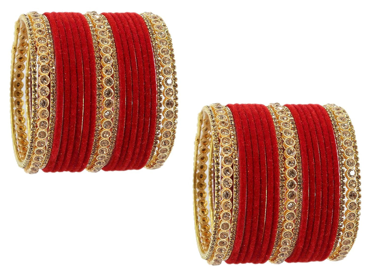 NMII Non-Precious Metal with Base Metal Zircon Gemstone Studded Glossy Finished Traditional Velvet Bangle set for Women and Girls