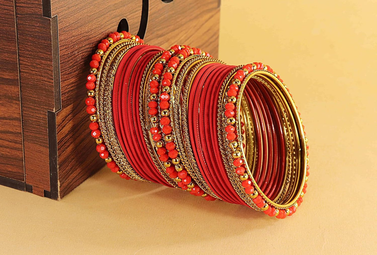 NMII Traditional Alloy Metal With Zircon Gemstone & Beads Chuda Bangles Set For Women & Girls | Designer Chuda For Women | Ethnic Chuda Set | Wedding, Pooja, Party, Everyday, Occasion