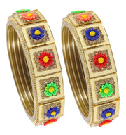 NMII Glass with Zircon Gemstone and Spread with Glitter Pattern Or Flower Shaped Glossy Finished Kada Set For Women and Girls
