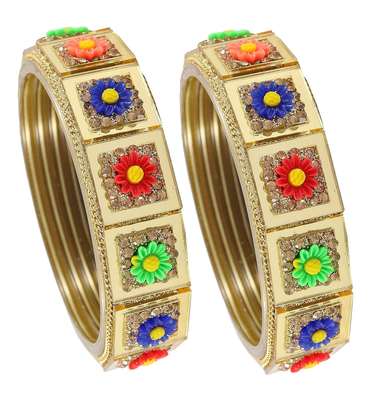 NMII Glass with Zircon Gemstone and Spread with Glitter Pattern Or Flower Shaped Glossy Finished Kada Set For Women and Girls