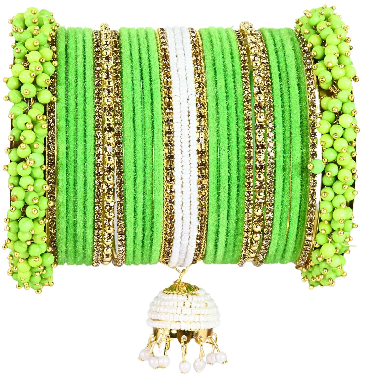 NMII Traditional Metal Velvet Bangles With Pearls & Zircon Stone Latkan Chuda Set for Bridal Women & Girls | Premium Set With Latkan for Wedding, Party, Festive, Occasion Wear - Set of 54