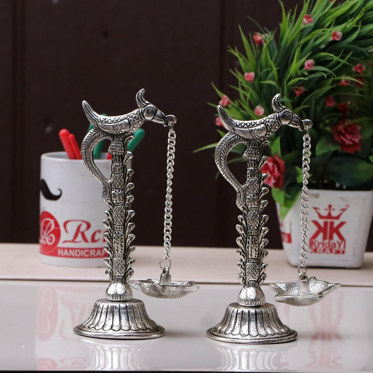 KridayKraft Parrot Design Metal Hanging with Chain Diya Pair of Parrot Design