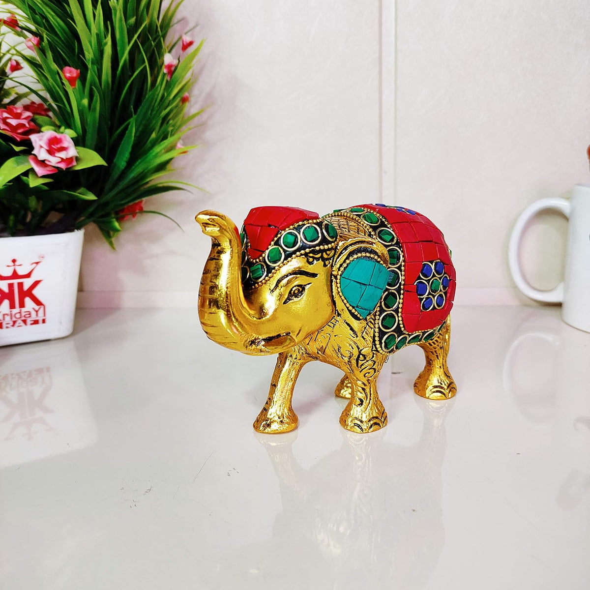 KridayKraft Metal Elephant Medium Size with Stone Work for Showpiece Enhance Your Home,Office & Table and Gift for Have House Warming Anniversaries, Birthday..