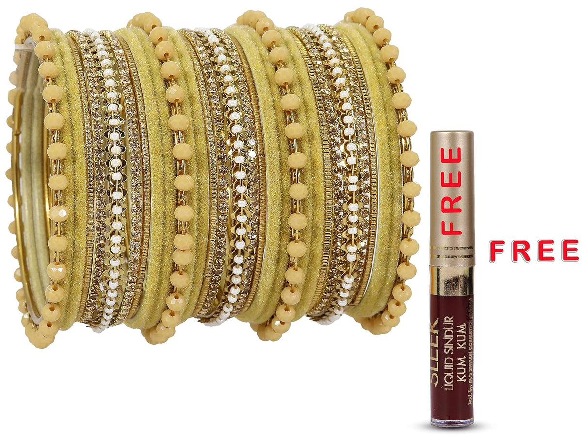 NMII Metal With Zircon Gemstone and Pearls Studded Velvet Bangles For Women and Girls