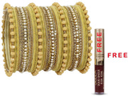 NMII Metal With Zircon Gemstone and Pearls Studded Velvet Bangles For Women and Girls