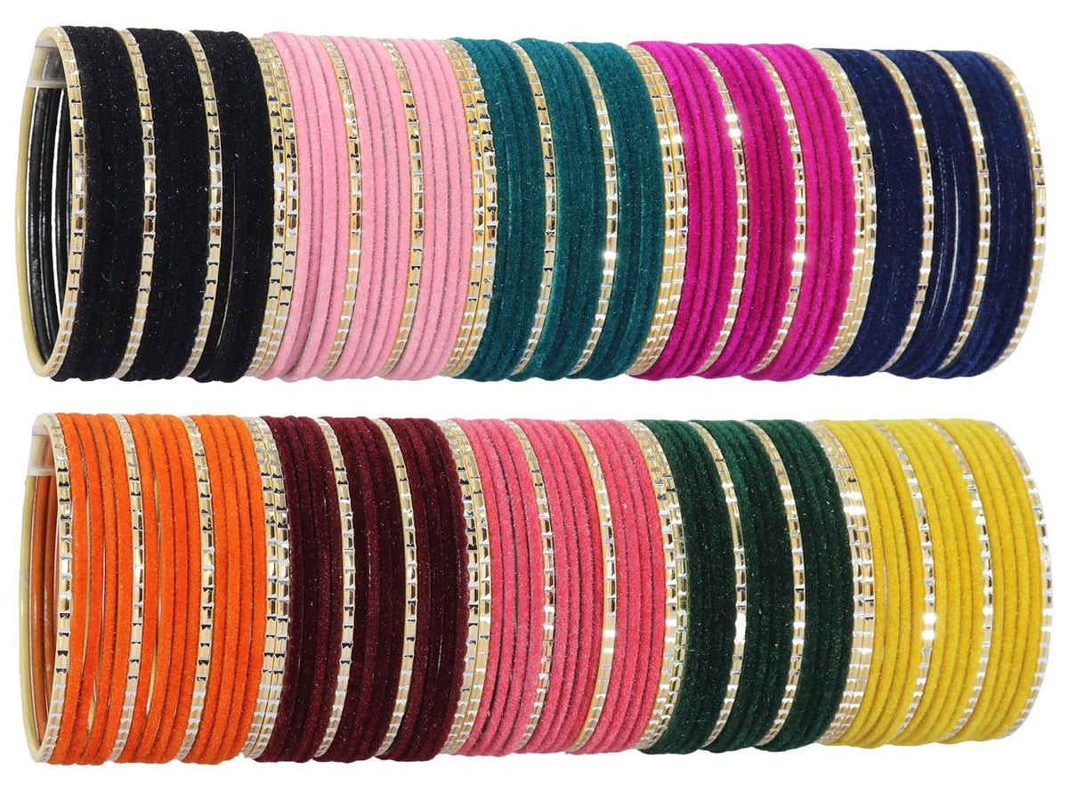 NMII 10 Colour Velvet Bangles Combo Set For Women and Girls | Premium Metal Bangle Set | Multicolour Bangles Set | Traditional Plain Simple Velvet Bangles- Set of 160 Bangles