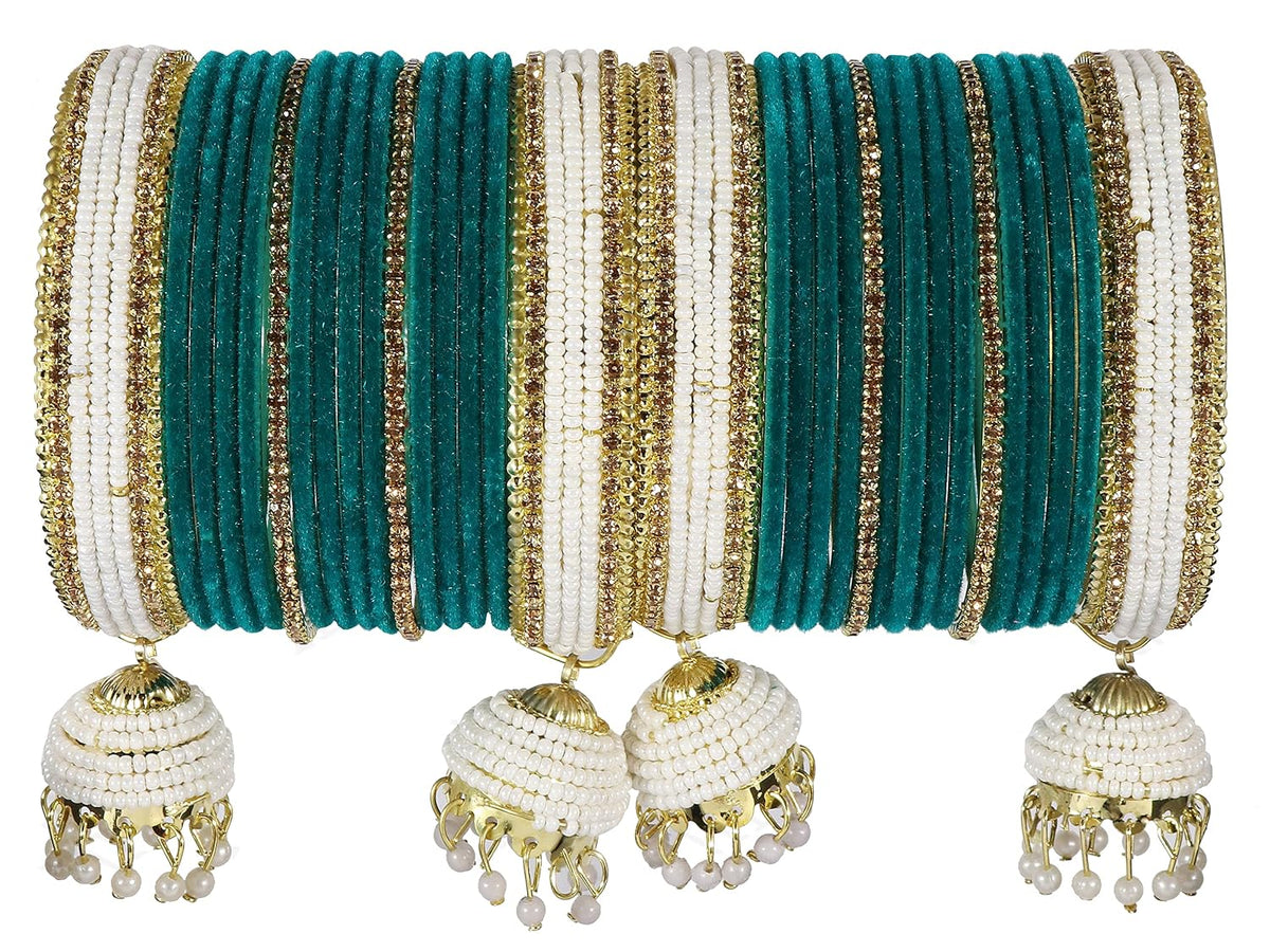 NMII Traditional White Pearls Moti Metal Latkan Bangles Chuda Set For Bridal Women & Girls with Golden Zircon Stone and Velvet | Bangles with Latkan For Wedding | Chura Set For Women Latest- Set of 32