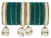 NMII Traditional White Pearls Moti Metal Latkan Bangles Chuda Set For Bridal Women & Girls with Golden Zircon Stone and Velvet | Bangles with Latkan For Wedding | Chura Set For Women Latest- Set of 32
