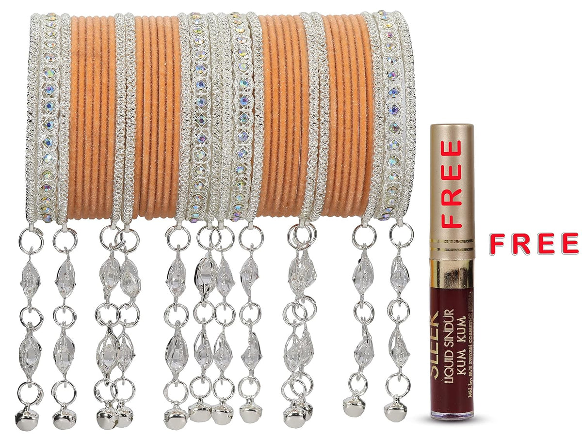 NMII Metal With Zircon Gemstone and Bells Latkan Linked Velvet Bangles For Women and Girls