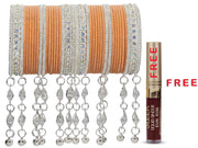 NMII Metal With Zircon Gemstone and Bells Latkan Linked Velvet Bangles For Women and Girls