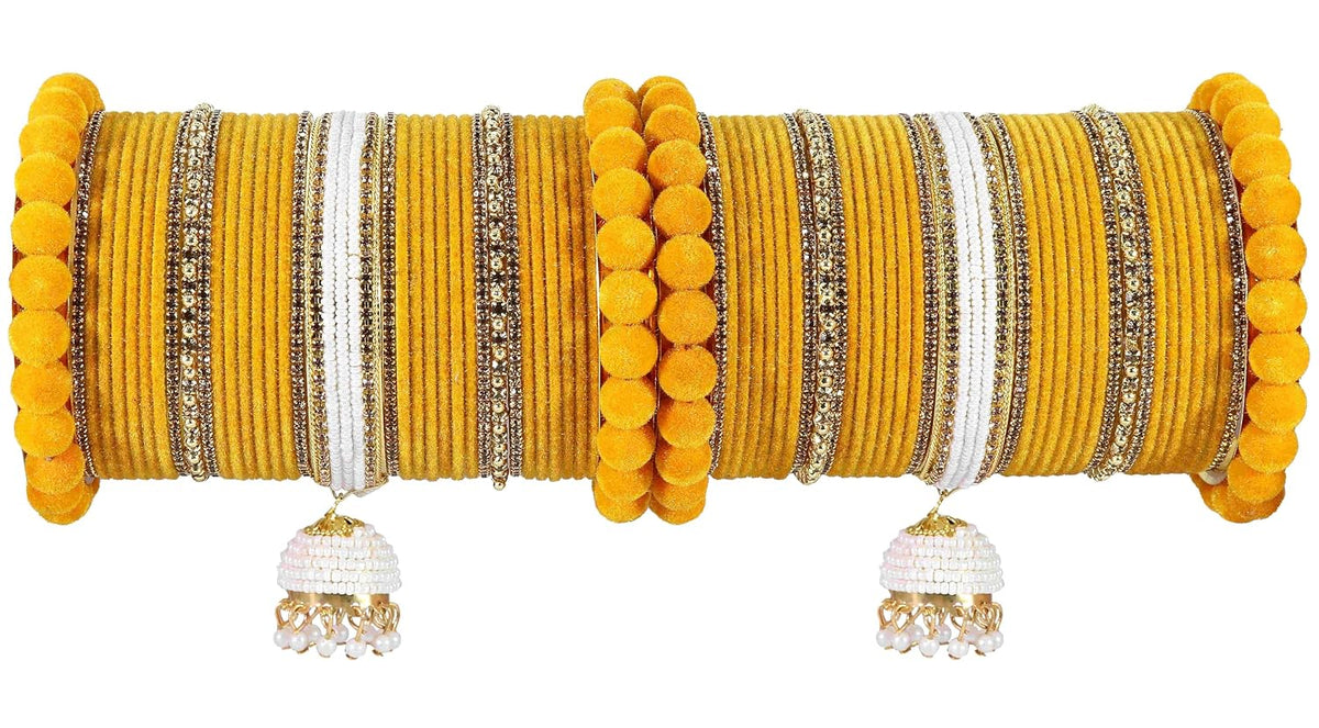 NMII Premium Gold Plated Metal Velvet Bangles Latkan Chuda Set For Bridal Women & Girls with Pearls Moti & Zircon Diamond | Dulhan Chura Fancy | Bridal Bangles Set for Wedding- Set of 70 Bangles