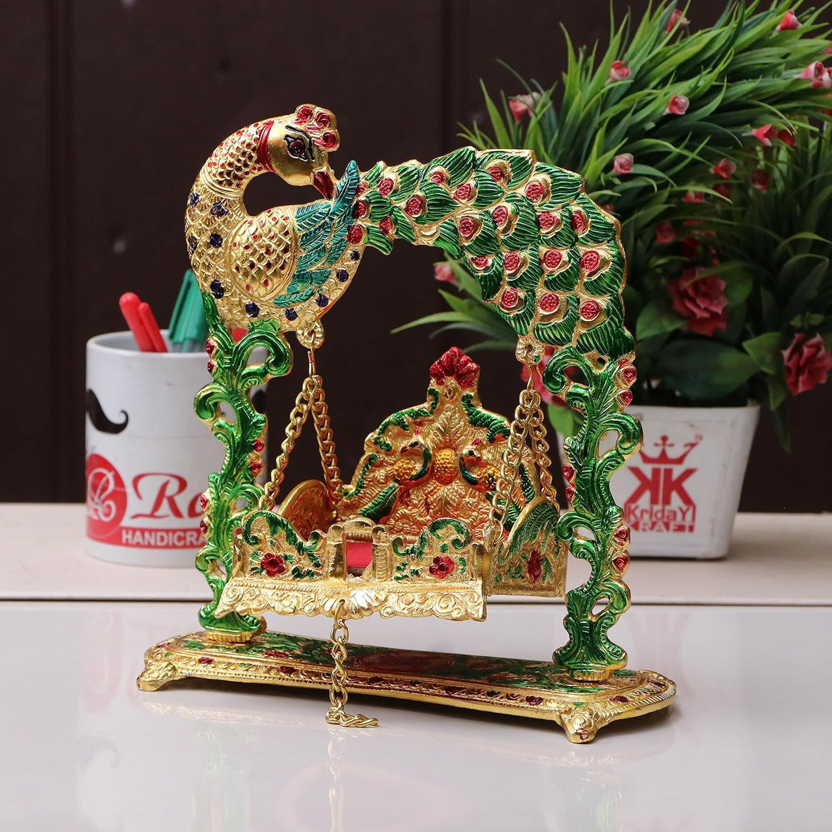 KridayKraft Metal Laddu Gopal Jhulla Palana for Janmastmi Festive Gold Plated with Meenakri Work for Your Home, Temple Office,Gift Article.