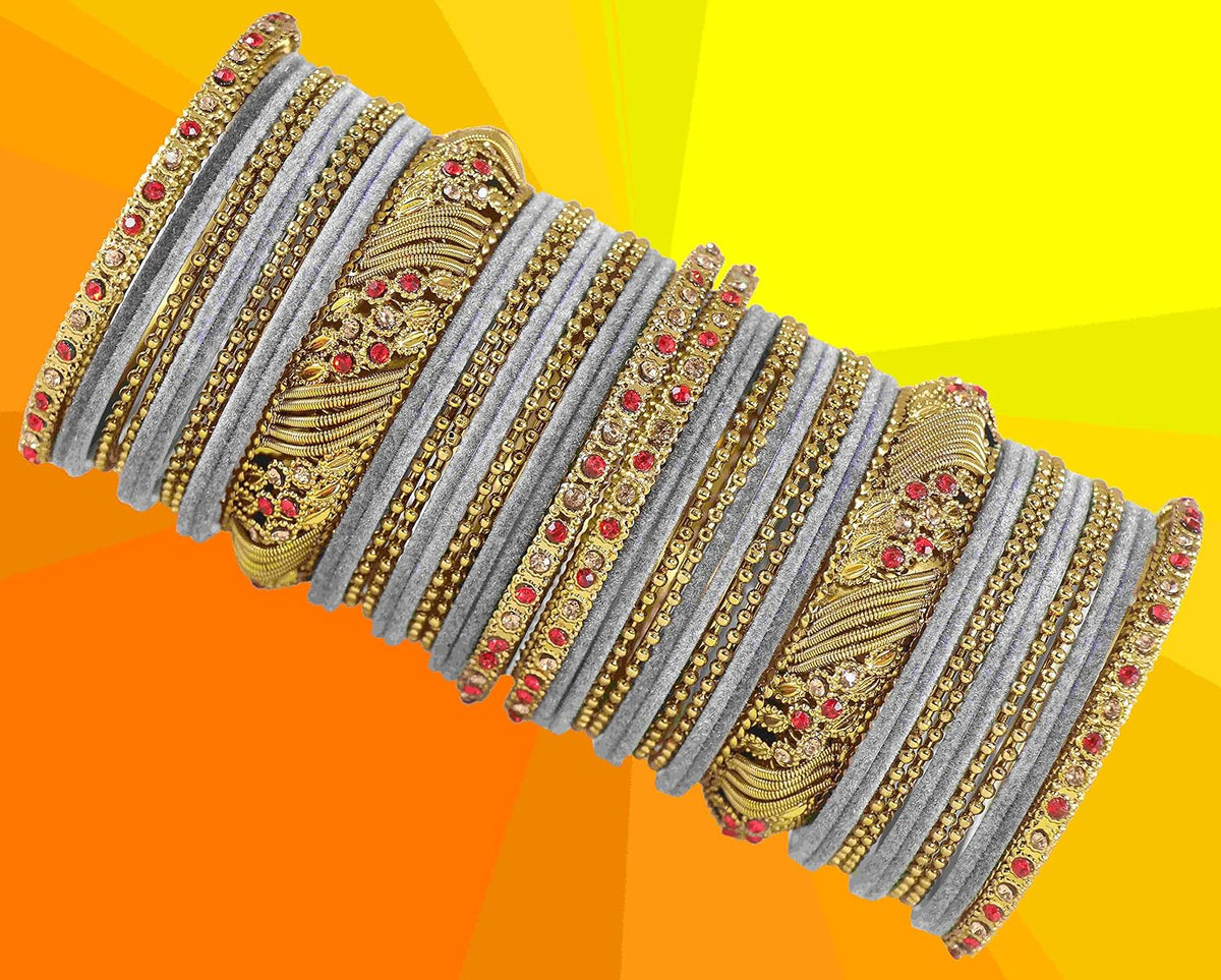 NMII Metal with Zircon Gemstone and Beads Studded Ball Chain Linked Glossy Finished Velvet Bangles Chuda set for Women and Girls