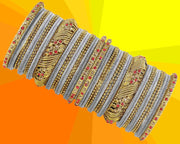 NMII Metal with Zircon Gemstone and Beads Studded Ball Chain Linked Glossy Finished Velvet Bangles Chuda set for Women and Girls