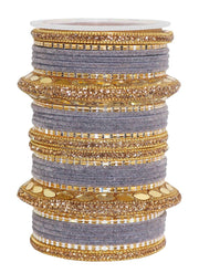 NMII Gold Plated Metal Bangles Velvet Bridal Chuda Set For Women and Girls with Premium Golden Zircon Stones & Beads Worked | Traditional Chuda Set For Women | Women's Bangles Wedding- Set of 30