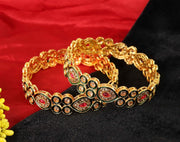 NMII Premium Gold Plated Alloy Kada Set With Multi Kundan Stone & Meenakari Peacock Design | Women & Girls Bangles | Traditional Alloy Bangles | Rajwadi, Wedding, Festival & Bridal - Pack Of 2 Kada