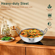 Parage 1 Pieces Stainless Steel Hammered Kadhai 2 LTR with Heavy Bottom for Kitchen/Utensils for Cooking, Deep Frying | Gas Stove Friendly Cookware (Silver)