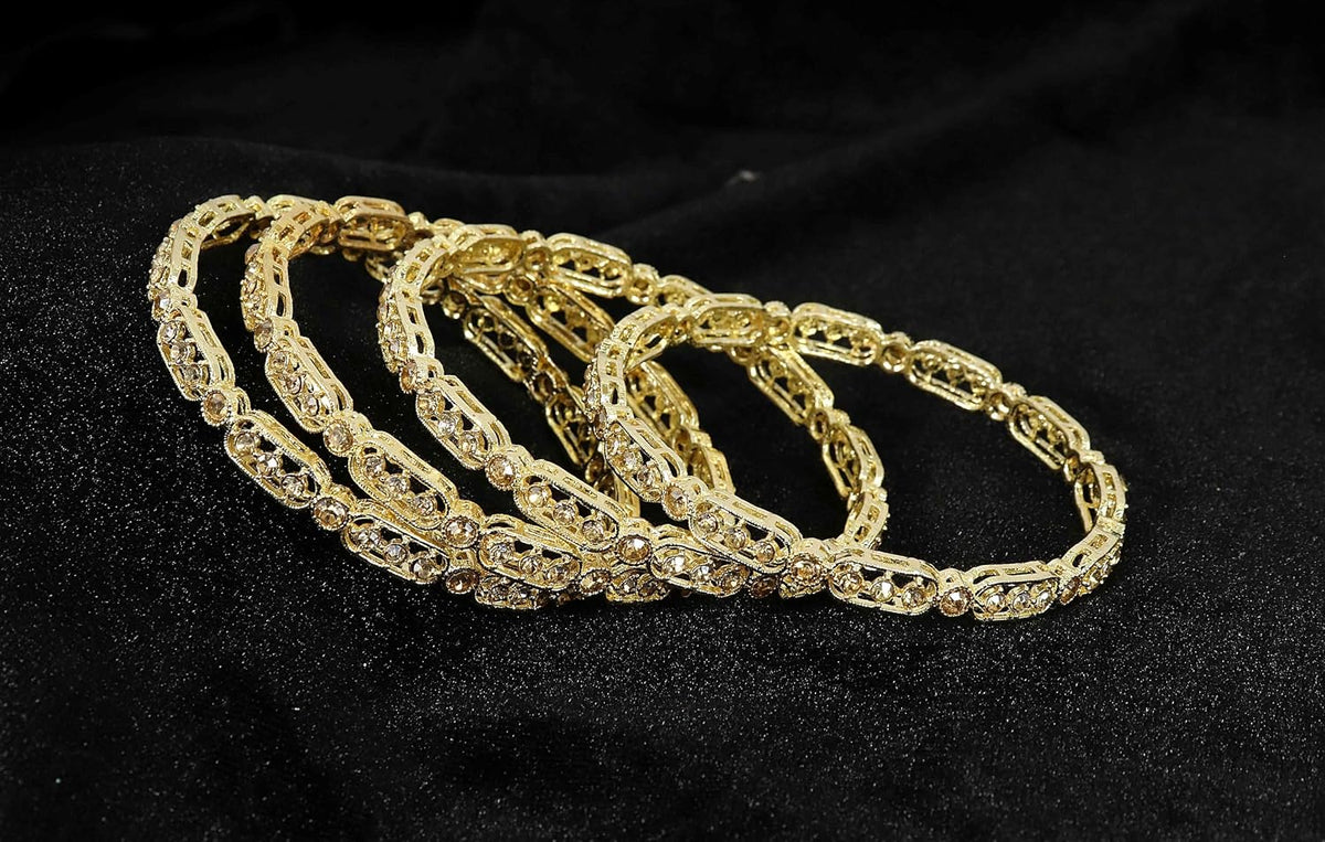 NMII Gold Plated Metal American Diamond Bangles Set For Women & Girls | Premium Traditional Design Kada Set For Women | Kada Bangles For Women | Wedding Fashion Jewellery- Set of 4