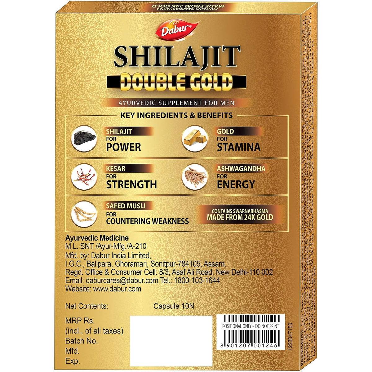 DABUR Shilajit Double Gold-10 Capsules|2X Stamina&Strength|100% Ayurvedic Capsules For More Strength,Power,Energy&Stamina|Helps In Countering Weakness|Premium Vitality Ayurvedic Supplement|For Men