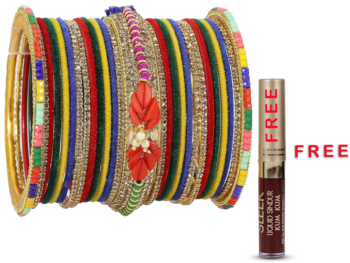 NMII Metal With Zircon Gemstone and Beads Studded Velvet Bangles For Women and Girls