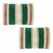 NMII Golden Metal Chuda Bangles Set For Bridal Women & Girls with Zircon Diamond, White Motis & Velvet Bangles | Latest Trendy Chooda Set | Bangles Set For Wedding, Party, Occasion- Set of 34